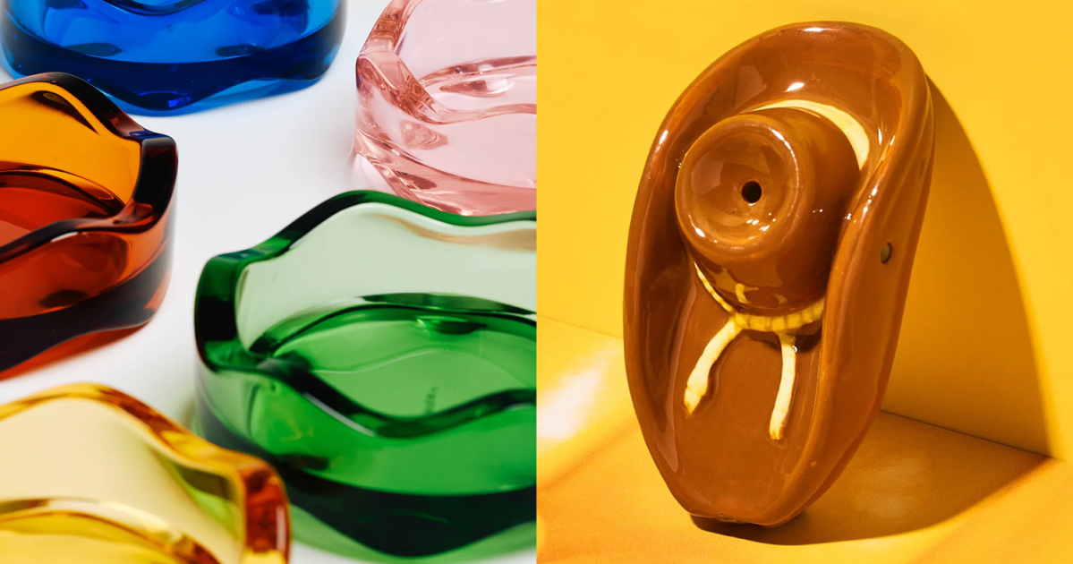 a split photo with yew yew wavy ashtrays on one side and a cowboy-shaped pipe on the other