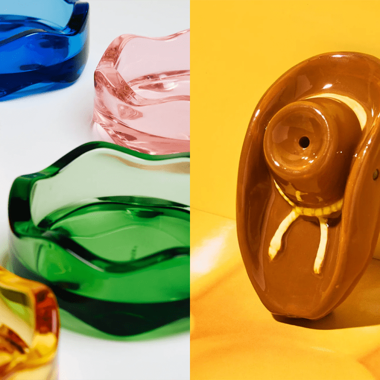 a split photo with yew yew wavy ashtrays on one side and a cowboy-shaped pipe on the other