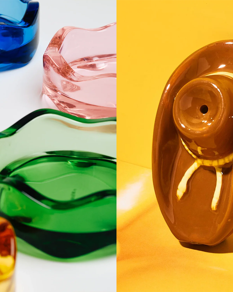 a split photo with yew yew wavy ashtrays on one side and a cowboy-shaped pipe on the other