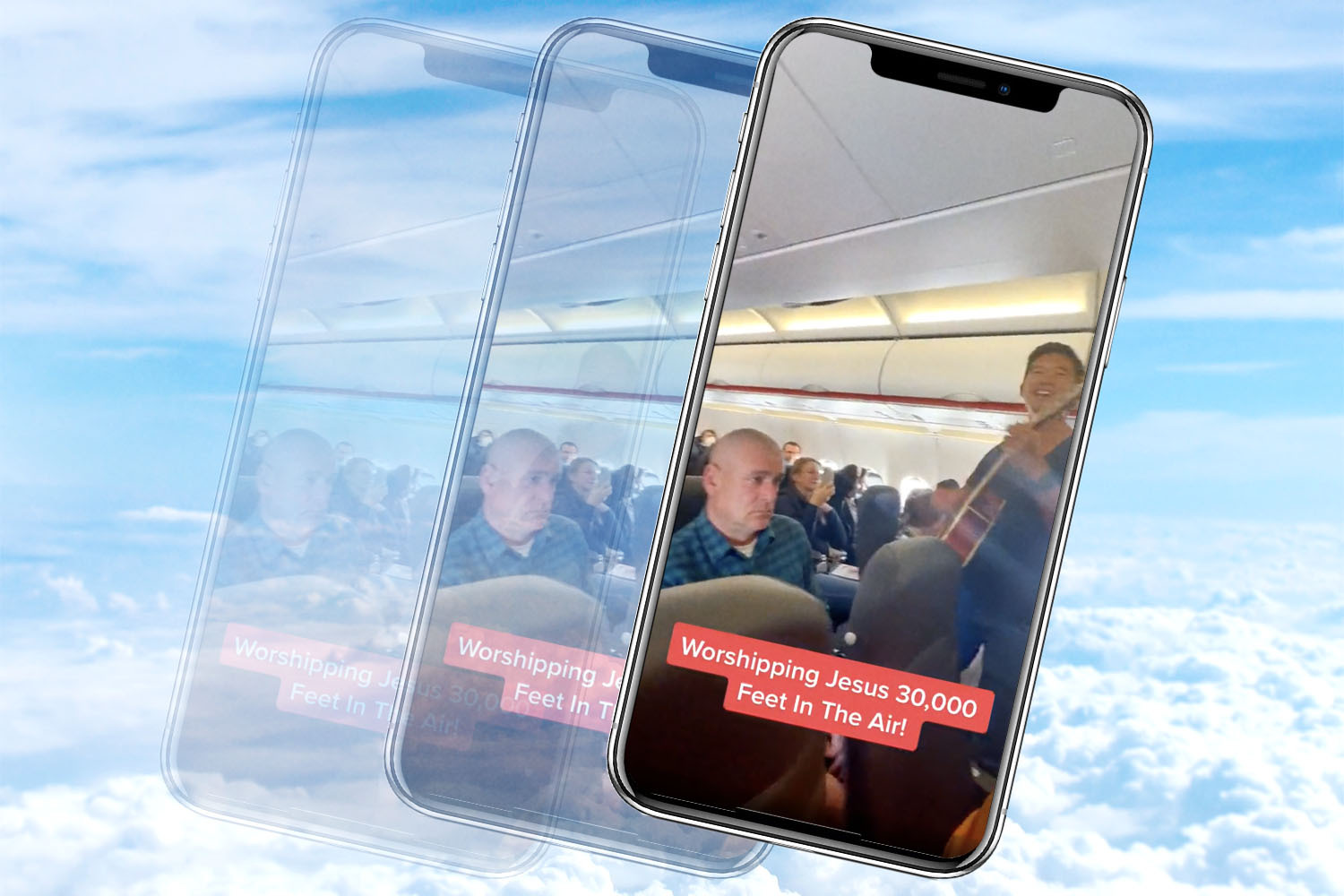A smartphone with a screenshot of a TikTok video in which Christian evangelists perform a religious song on an EasyJet flight