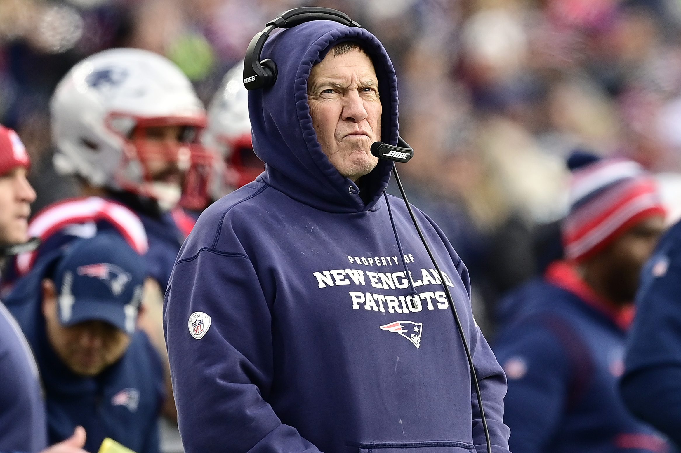Head coach Bill Belichick of the New England Patriots looks on from the sidelines. A new survey looking at America's favorite sports coaches puts Belichick at the top.