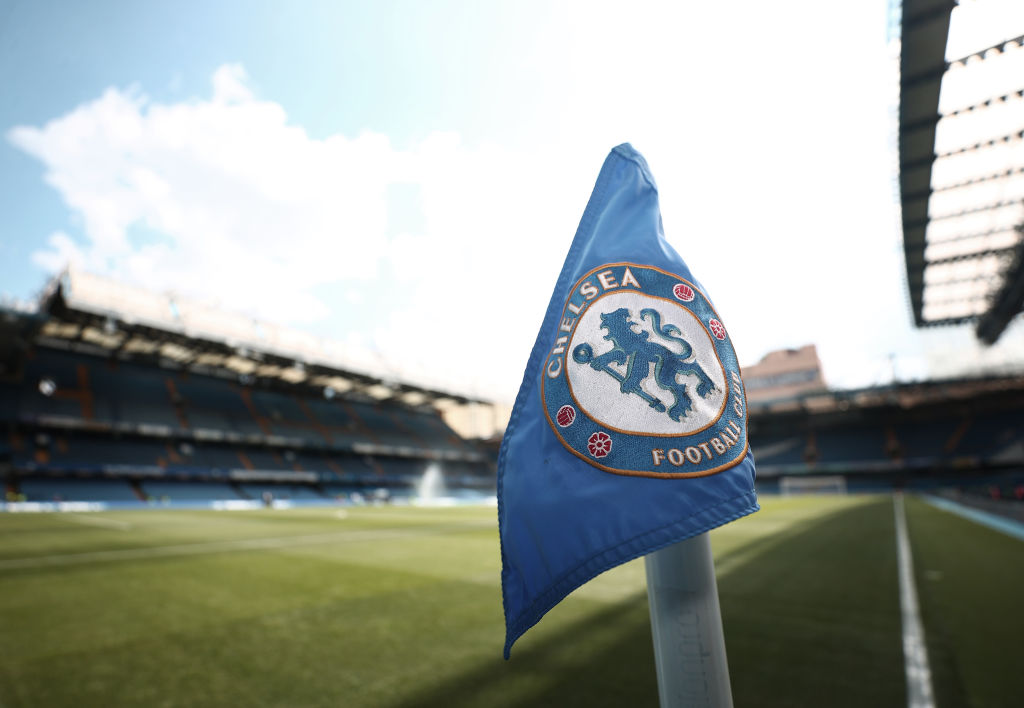 The Chelsea corner flag is seen during the Premier League match between Chelsea and West Ham United at Stamford Bridge on April 24, 2022 in London, England.
