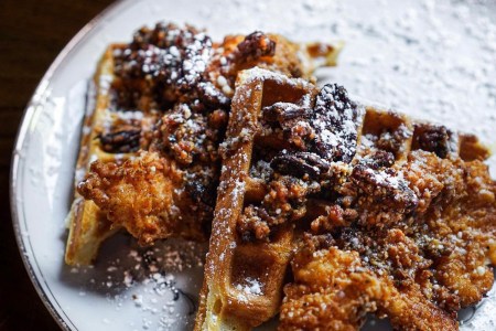 Chicken and Waffles with Bacon Jam and Candied Pecans