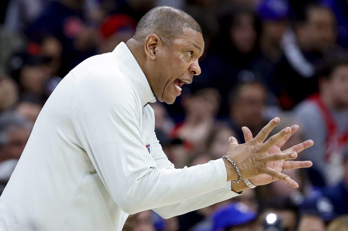 Head coach Doc Rivers of the 76ers reacts in the third quarter against the Raptors. Rivers is already sensitive about choking in the NBA playoffs, even before Game 6 on April 28, 2022.