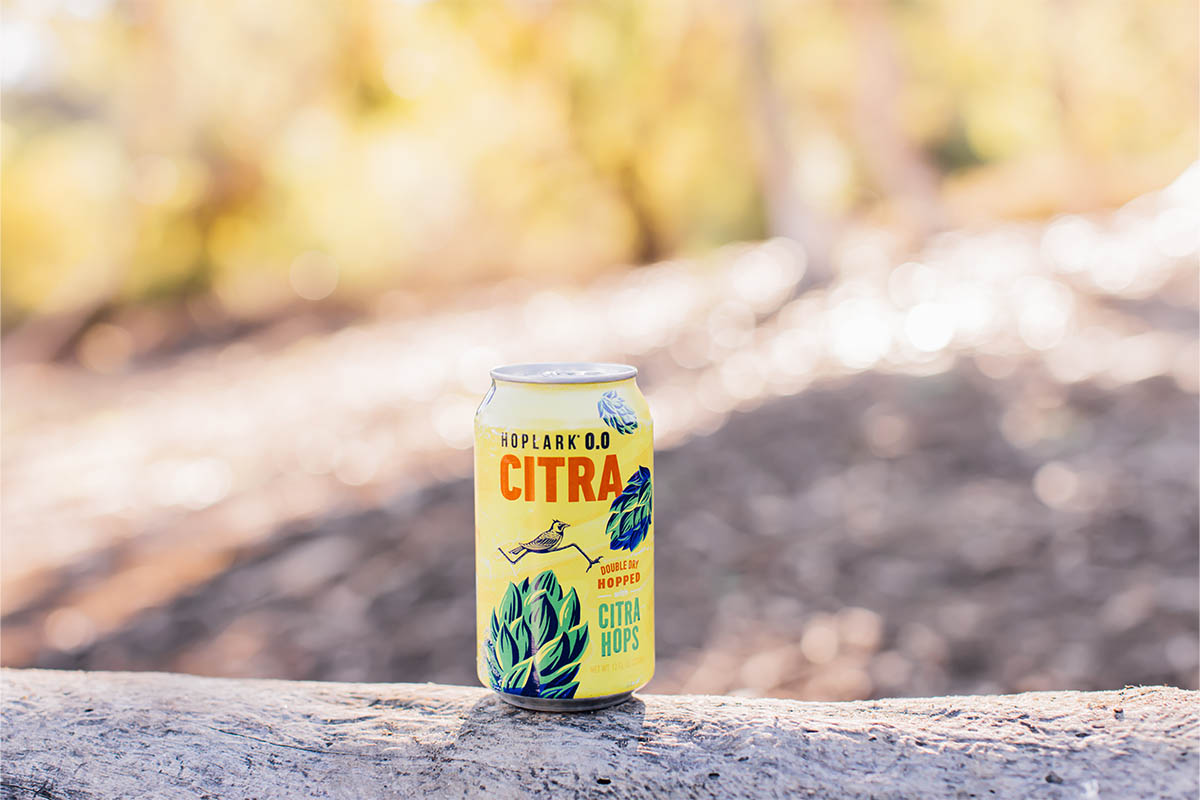 A can of Hoplark 0.0 Citra sitting on a log in a forest. The beverage is non-alcoholic, zero-calorie and gluten/sugar-free.