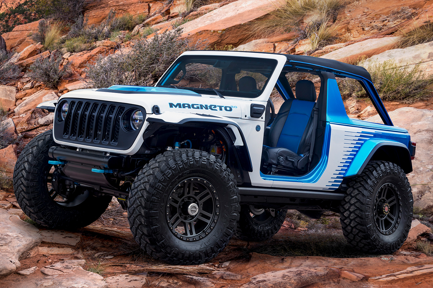The Jeep Magneto 2.0, an electric Jeep Wrangler with a stick shift that debuted at Easter Jeep Safari 2022.