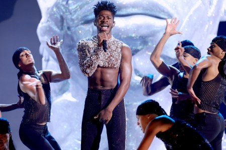 Lil Nas X grabs his crotch while performing onstage during the 64th Annual GRAMMY Awards at MGM Grand Garden Arena on April 03, 2022 in Las Vegas, Nevada.