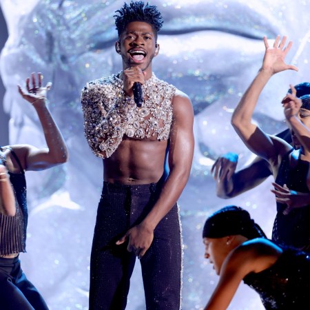 Lil Nas X grabs his crotch while performing onstage during the 64th Annual GRAMMY Awards at MGM Grand Garden Arena on April 03, 2022 in Las Vegas, Nevada.