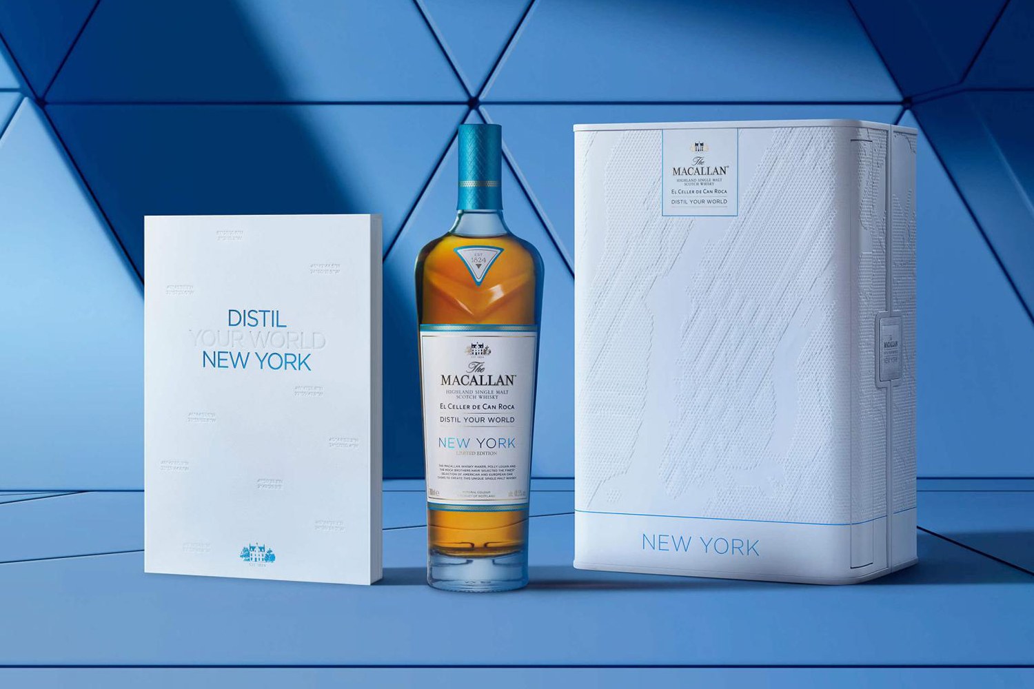 The packaging and bottle for The Macallan Distil Your World New York, available now. It's a single malt Scotch that attempts to bottle the flavors of New York City.