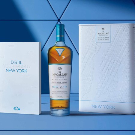 The packaging and bottle for The Macallan Distil Your World New York, available now. It's a single malt Scotch that attempts to bottle the flavors of New York City.