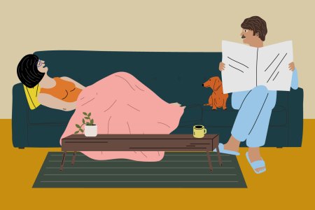 Illustration shows a woman masturbating on a couch under a blanket while her husband reads the newspaper