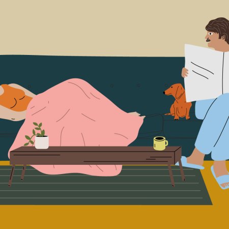 Illustration shows a woman masturbating on a couch under a blanket while her husband reads the newspaper