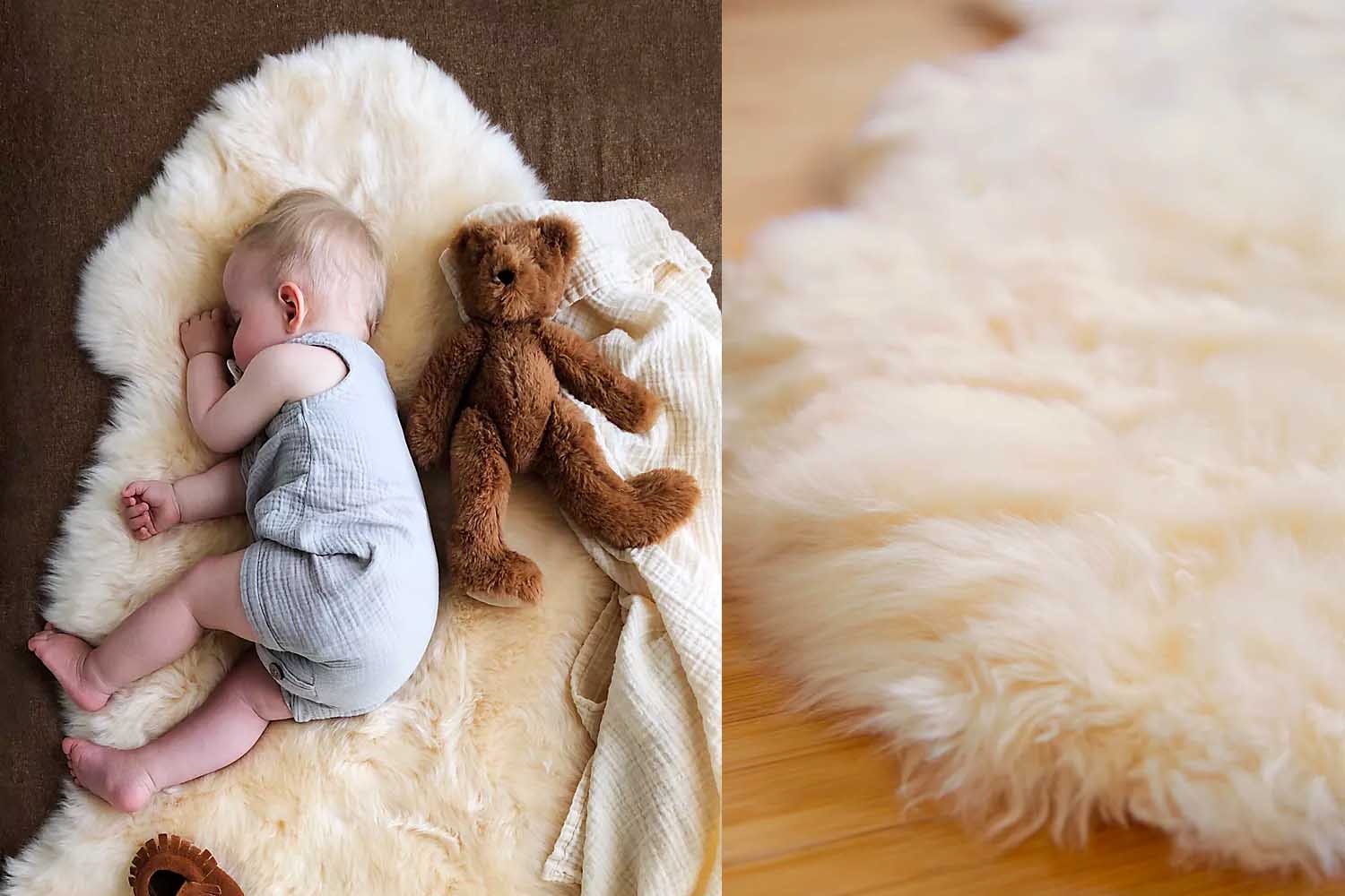 A baby on a furry white rug, a perfect Mother's Day gift for 2022.