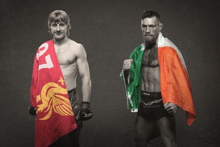Paddy "The Baddy" Pimblett, a UFC fighter from Liverpool with a flag draped over his shoulder, next to Conor McGregor, the legendary MMA fighter from Ireland. Is Paddy the most likely successor to McGregor?