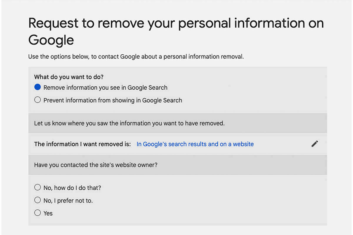 The Google form for removing personal information