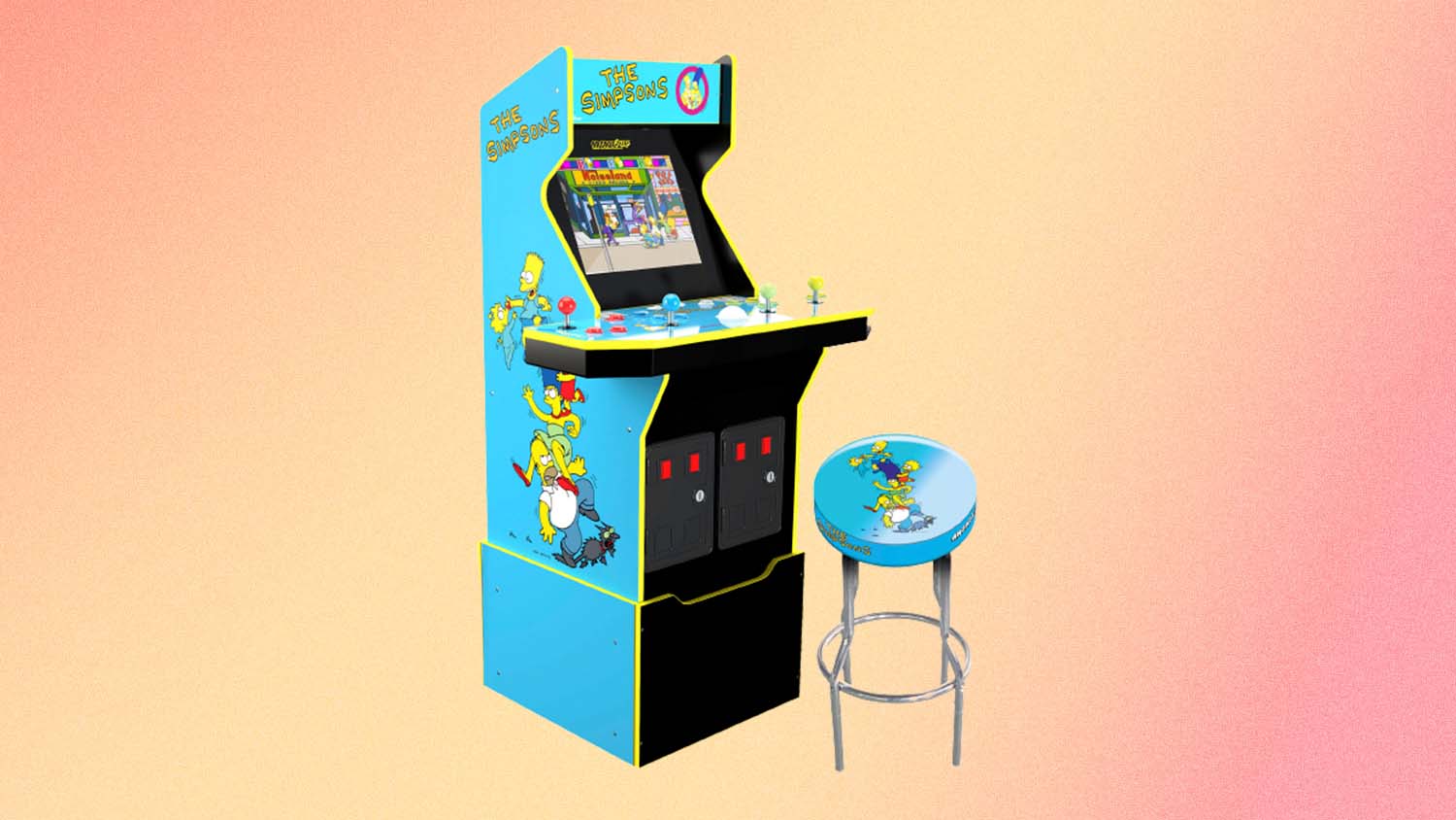 The Simpsons 30th Edition Arcade with matching stool, part of a larger sale on Arcade1Up gaming cabinets at Best Buy