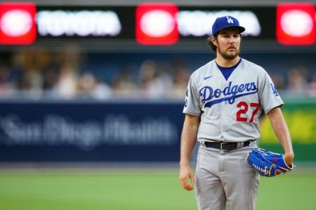 Trevor Bauer of the Los Angeles Dodgers during a game at Petco Park on June 23, 2021.