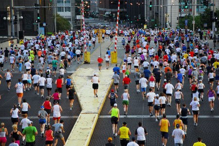People running a marathon.