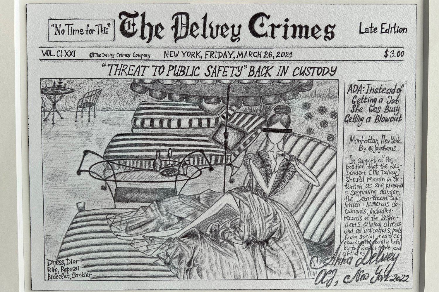 A sketch by Anna Delvey shows a fake front-page newspaper story from "The Delvey Crimes"