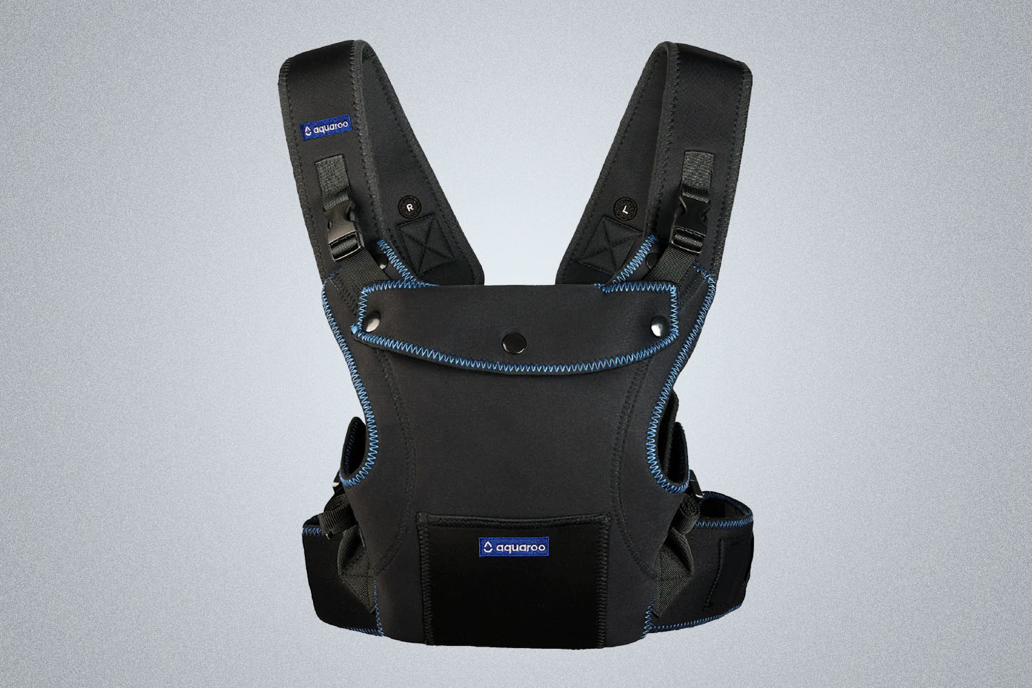 a black Aquaroo harness carrier on a gray background