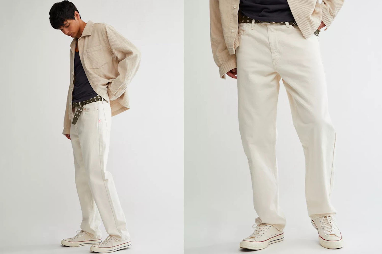 two model shots of the BDG white vintage jeans
