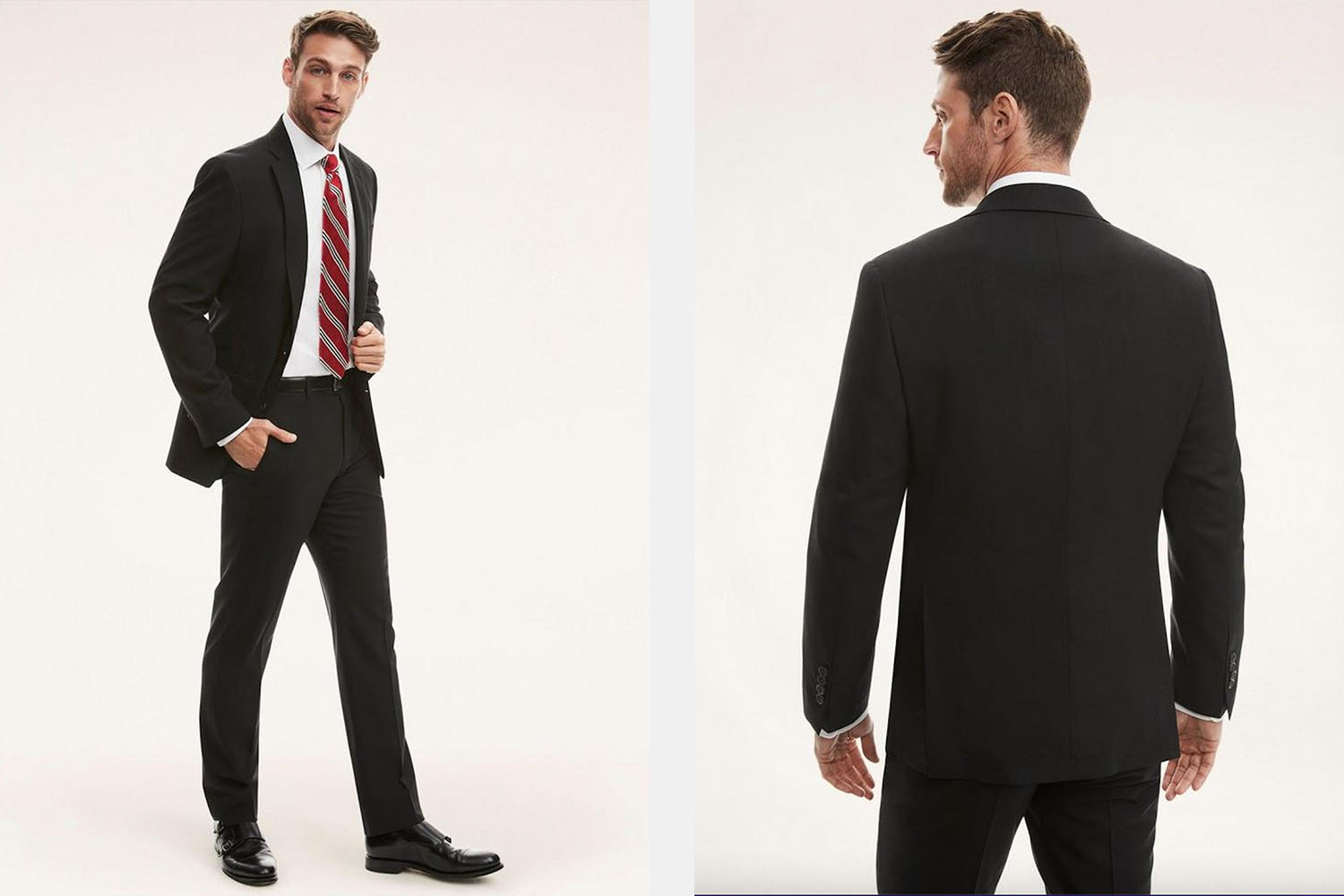 two model shots of a model in a black Brooks Brothers suit