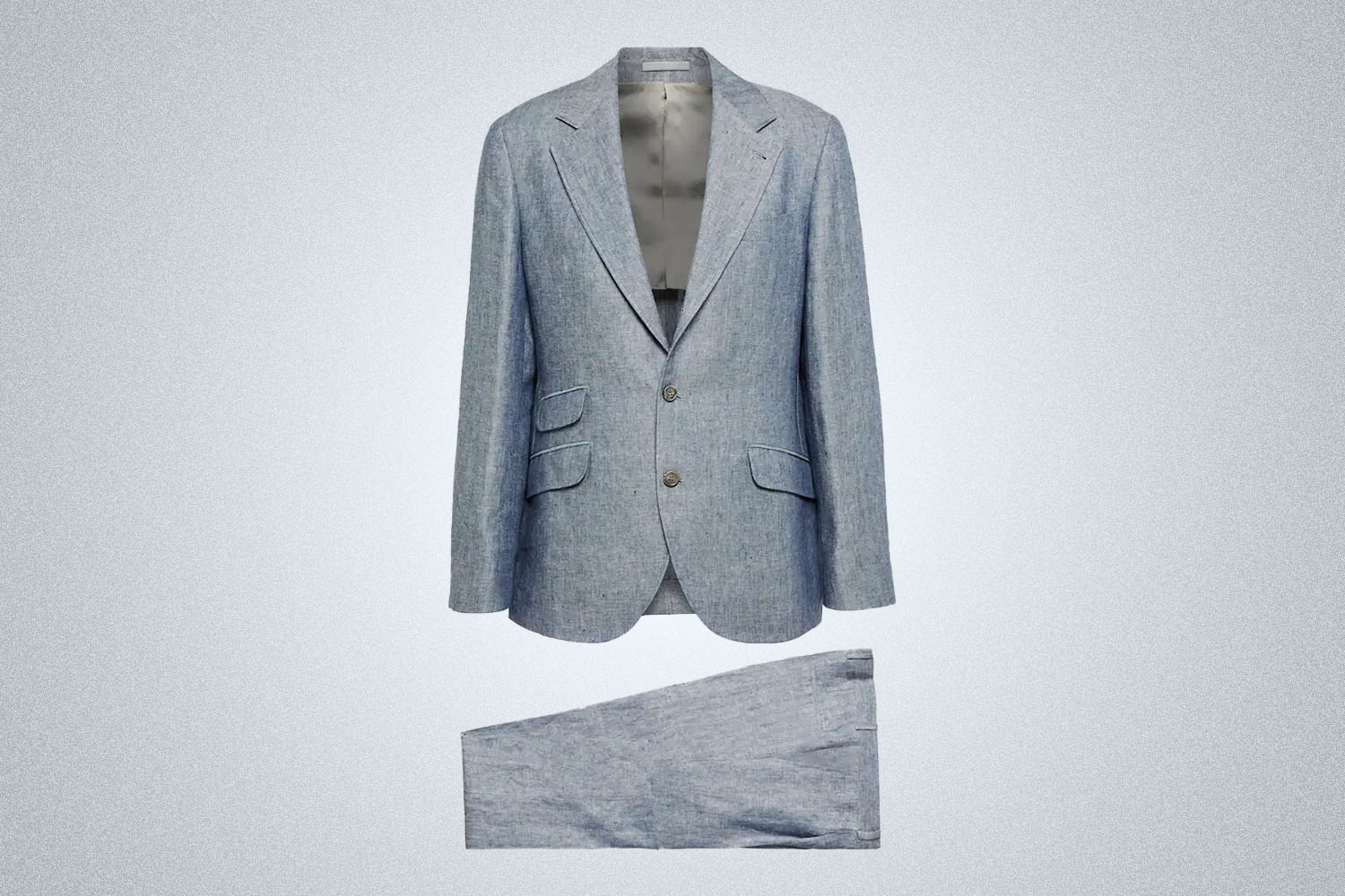 A light blue Brunello Cucinelli Suit on a grey background 