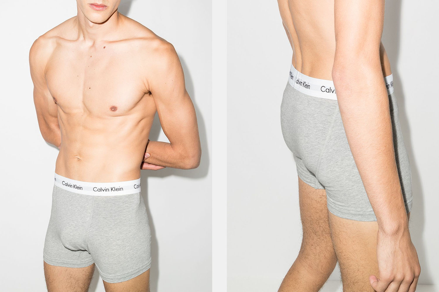 A pair of Calvin Klein underwear on a model on a white background