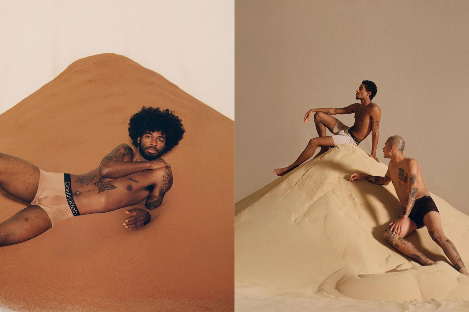 a composite of three models in neutral toned Calvin Klein underwear