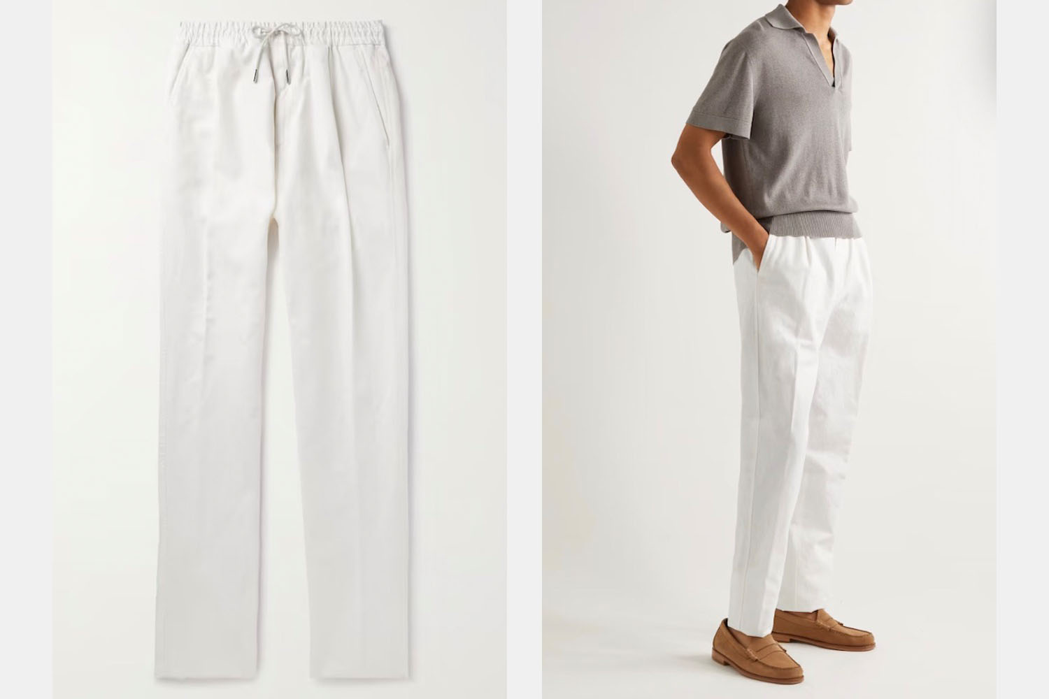 two model shots of the Caruso Drawstring White Suit Trouser on a white background