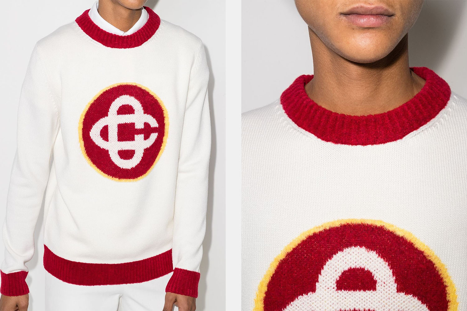 A model in a Casablanca white crewneck sweater with red crest