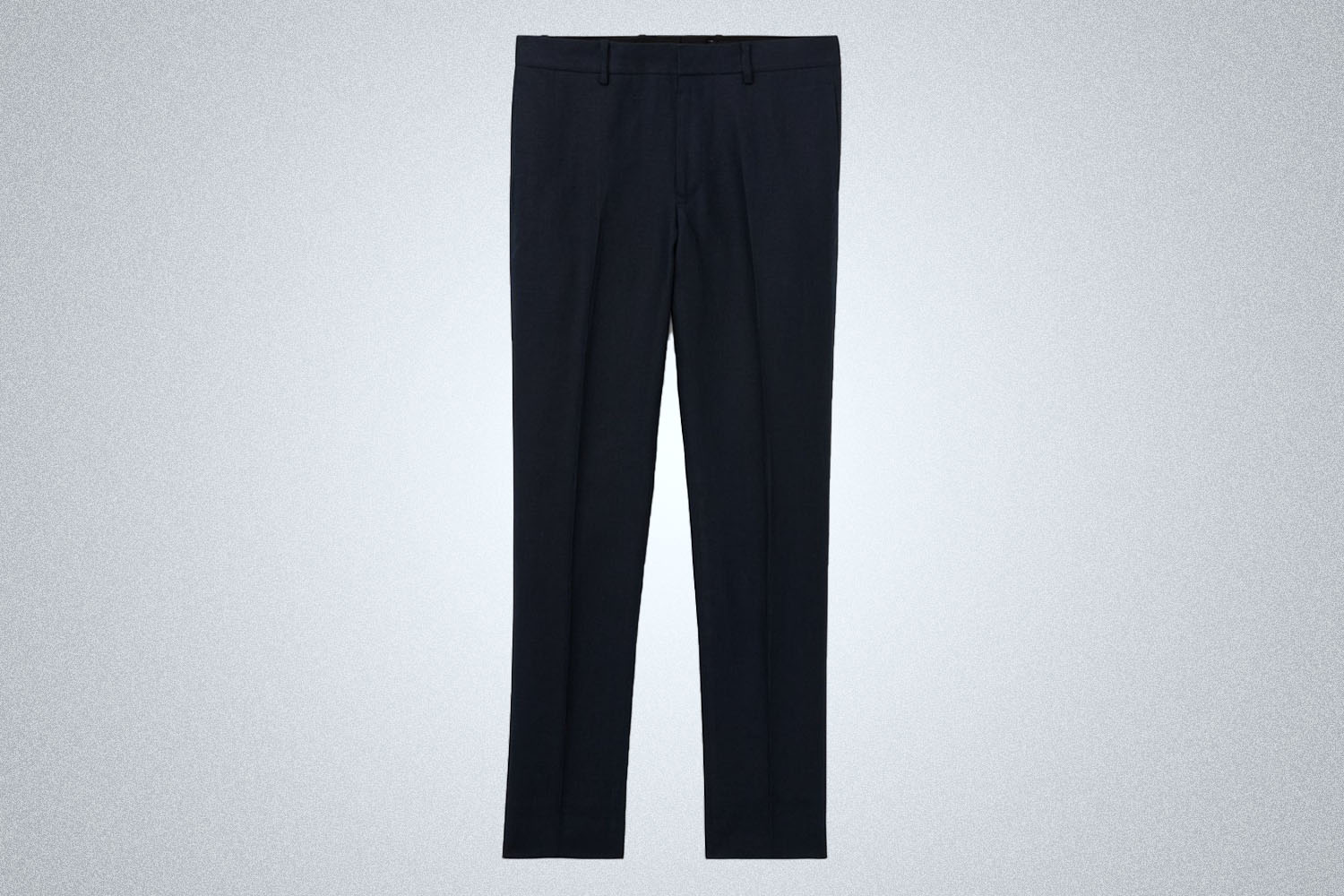 a pair of blue linen pants from Club Monaco on a grey background