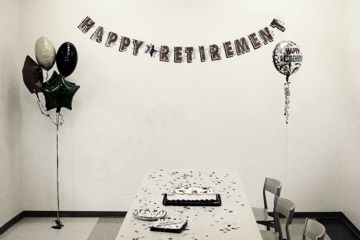 A retirement party in black and white.