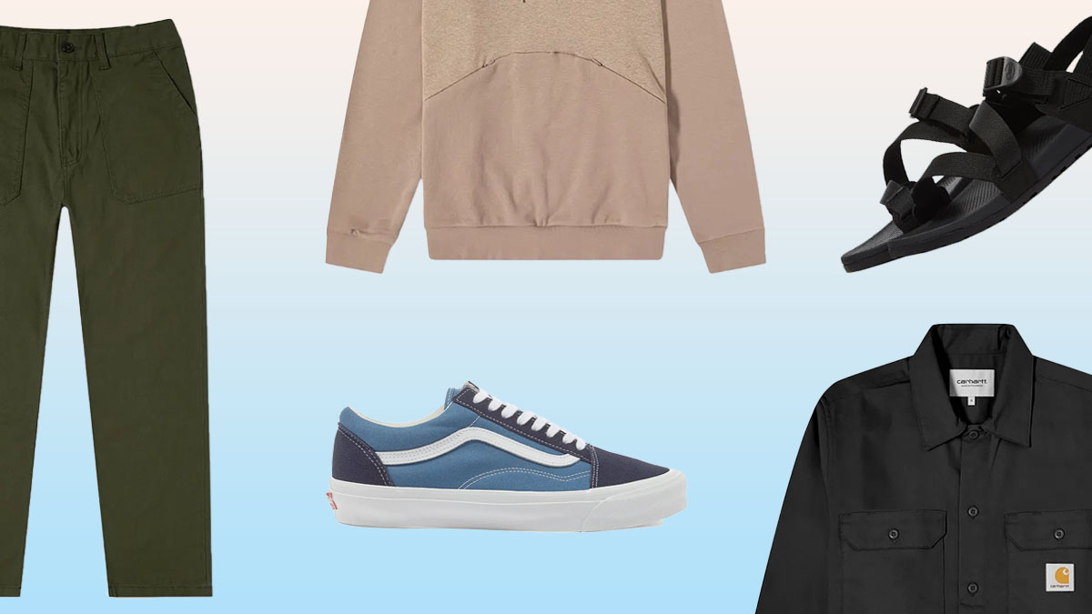 A collage of on-sale items from End. Clothing on a white-to-blue gradient background