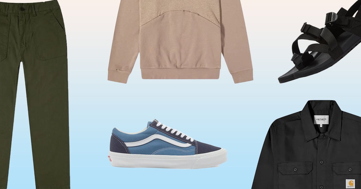 A collage of on-sale items from End. Clothing on a white-to-blue gradient background