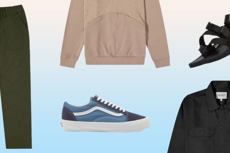 A collage of on-sale items from End. Clothing on a white-to-blue gradient background