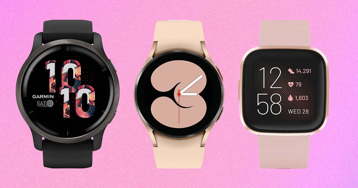 a collage of fitness wearables from Garmin, Samsung and Fitbit on a pink background