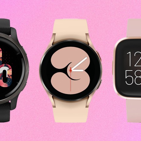 a collage of fitness wearables from Garmin, Samsung and Fitbit on a pink background