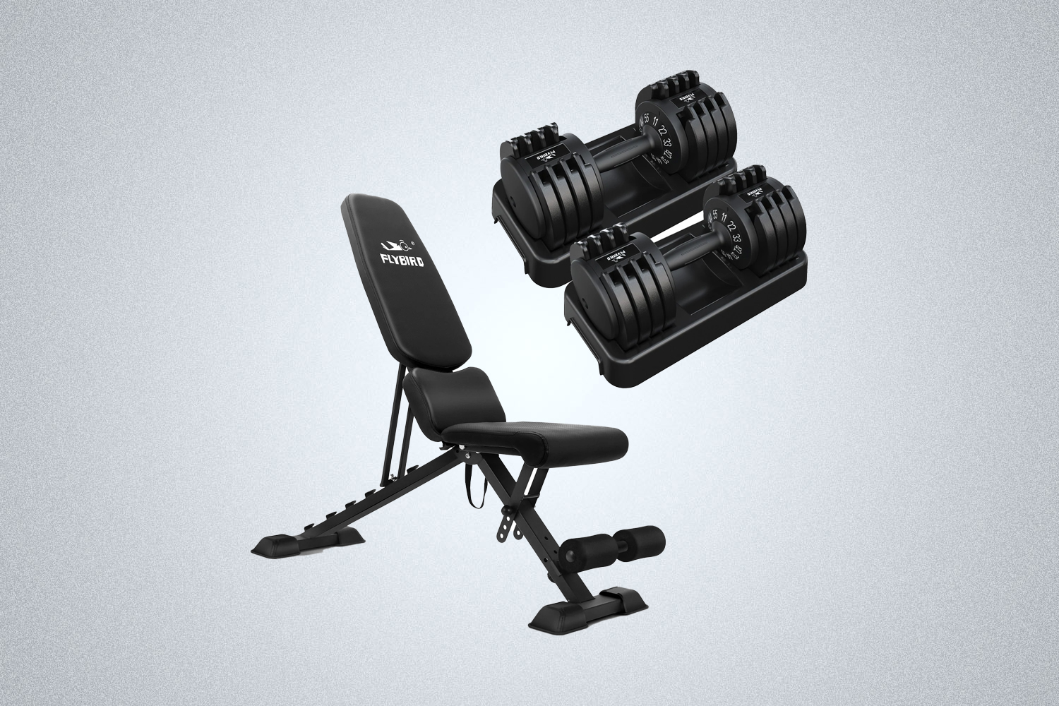 The Flybird Fitness Bundle features a weight bench and a set of 55-pound adjustable dumbbells to give for father's day in 2022