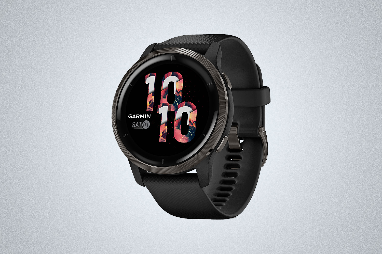 a black smart watch from Garmin on a grey background