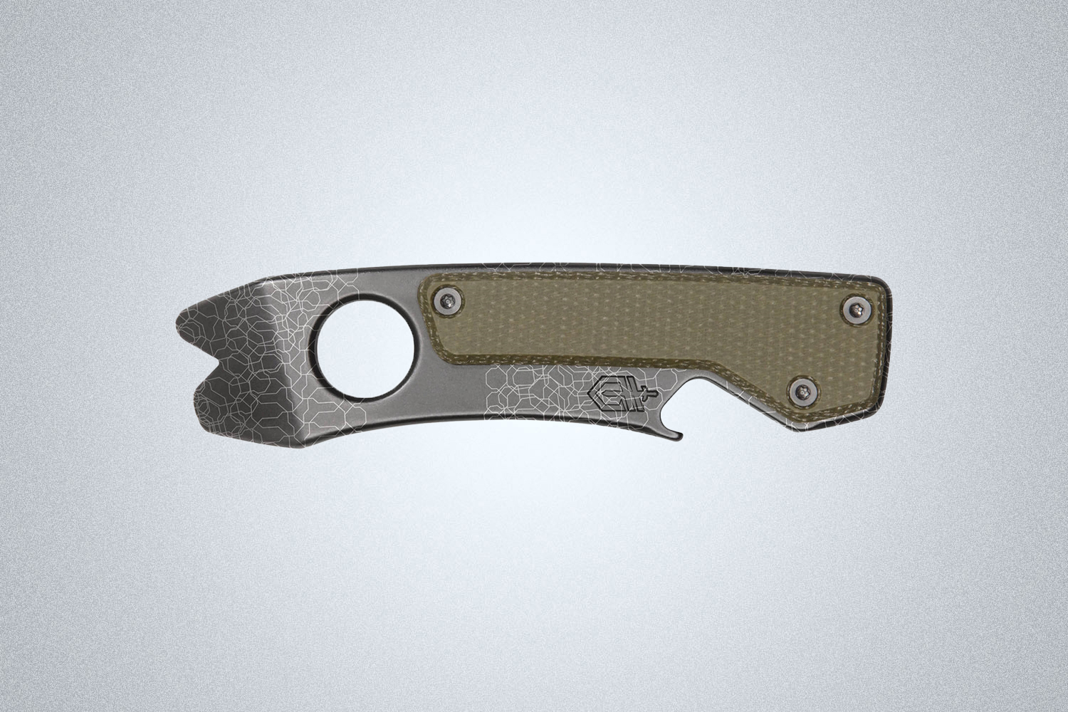 a gray steel multi-tool with a green handle on a gray background