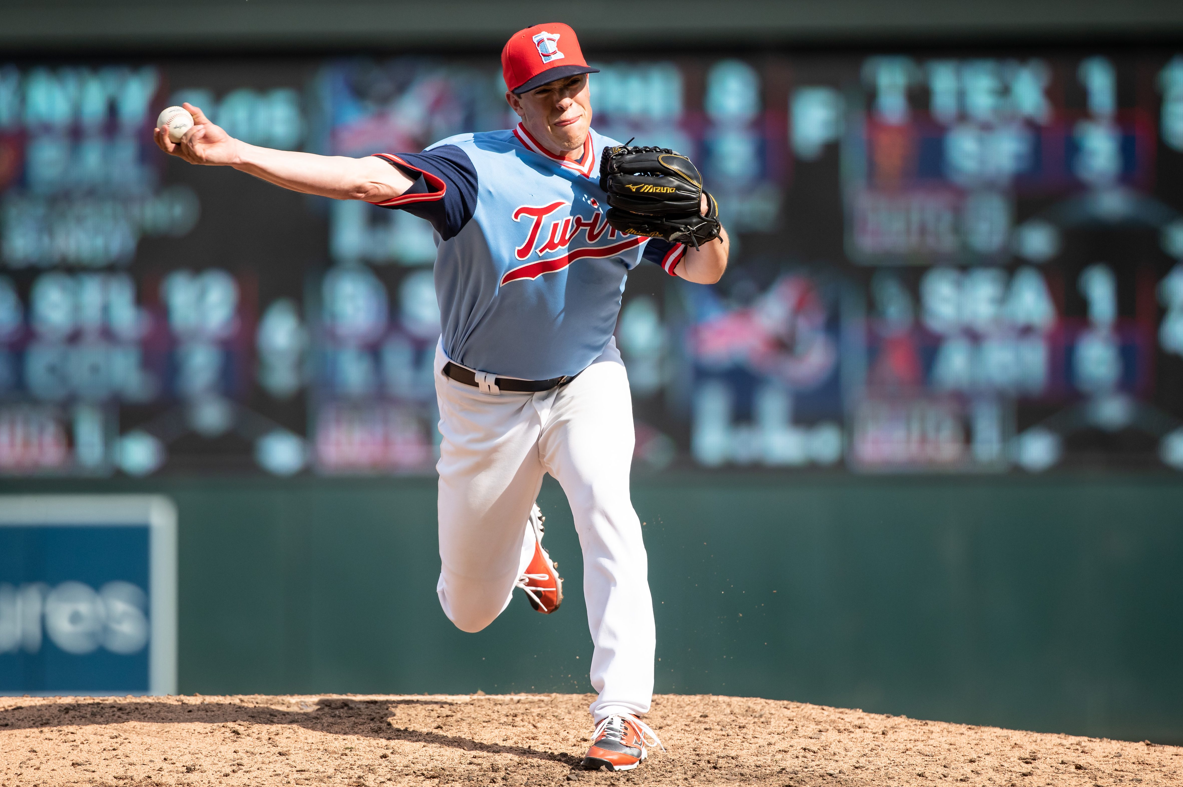 Trevor Hildenberger of the Minnesota Twins pitches against the Oakland A's in 2018