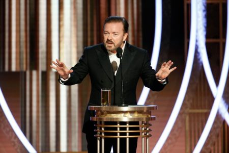Ricky Gervais speaks onstage during the 77th Annual Golden Globe Awards at The Beverly Hilton Hotel on January 5, 2020 in Beverly Hills, California.