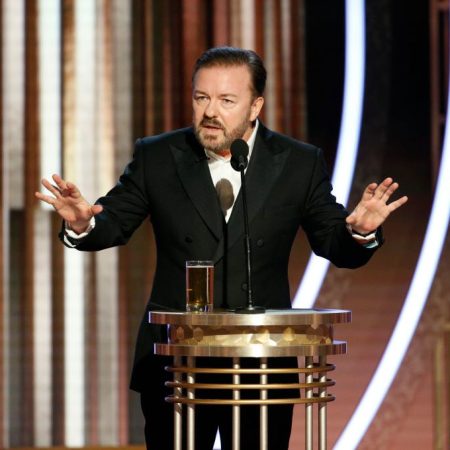 Ricky Gervais speaks onstage during the 77th Annual Golden Globe Awards at The Beverly Hilton Hotel on January 5, 2020 in Beverly Hills, California.