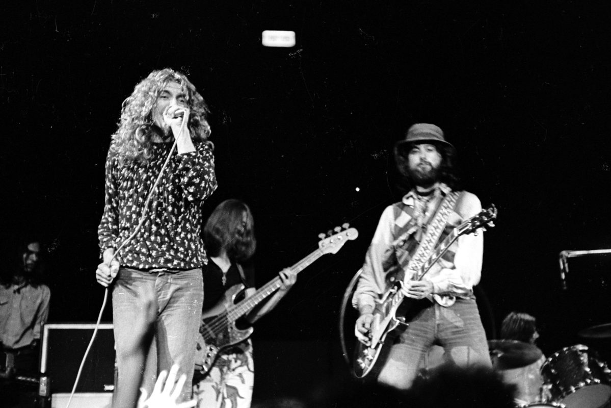 Led Zeppelin performs onstage at the Forum on September 4, 1970 in Los Angeles, California.