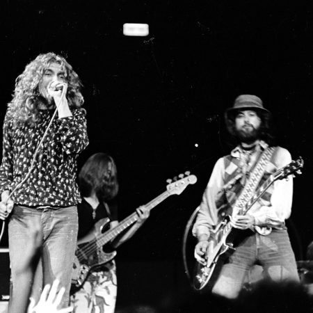 Led Zeppelin performs onstage at the Forum on September 4, 1970 in Los Angeles, California.