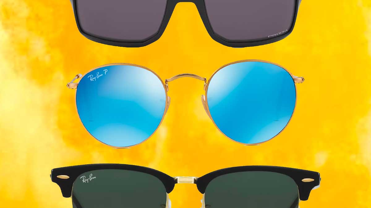a collage of sunglasses from GlassesUSA on a yellow gradient background