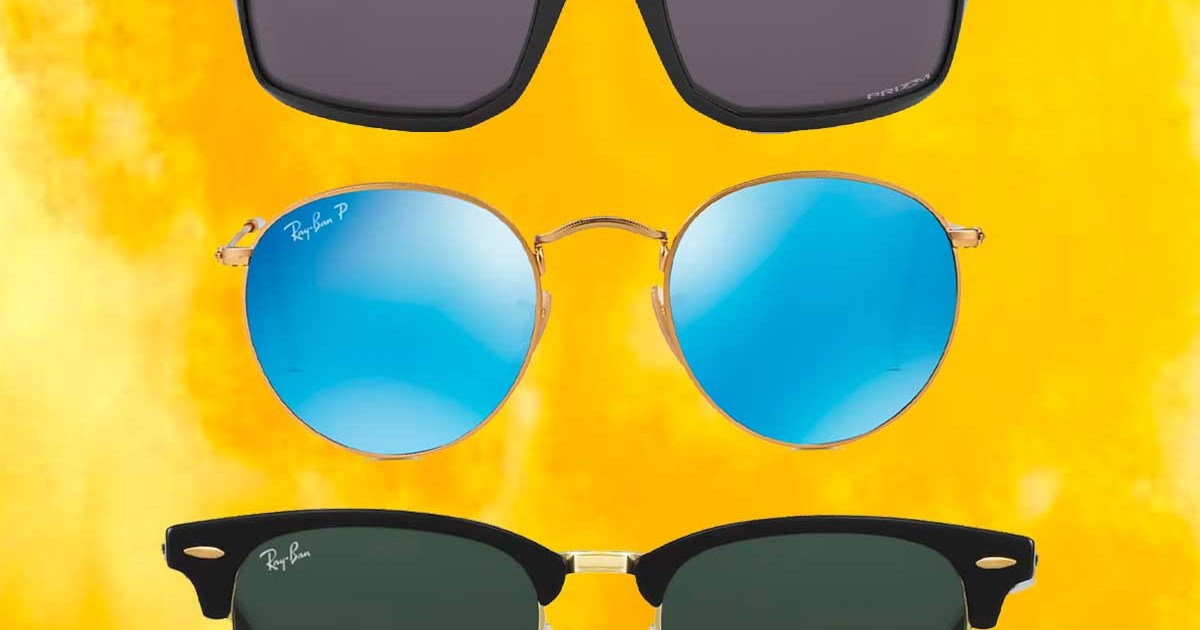 a collage of sunglasses from GlassesUSA on a yellow gradient background