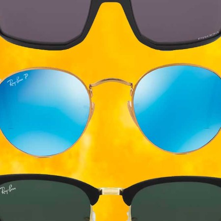 a collage of sunglasses from GlassesUSA on a yellow gradient background