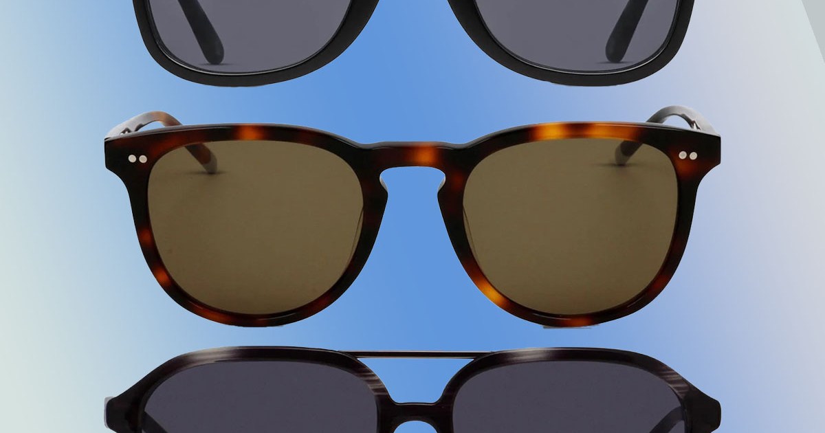 a collage of sunglasses from GlassesUSA on a blue and white gradient background